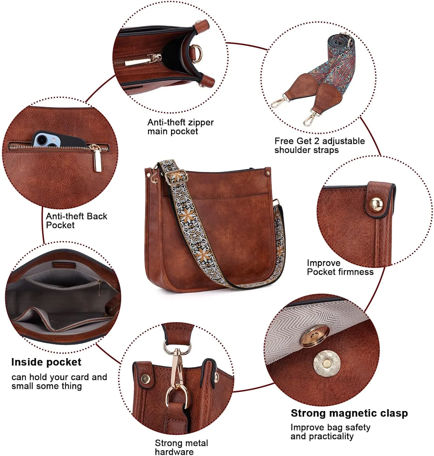HKCLUF Crossbody Bag Purse for Women 2PCS/Set Leather Hobo Handbag Wallet Set With 2Adjustable Guitar Strap Shoulder Bag