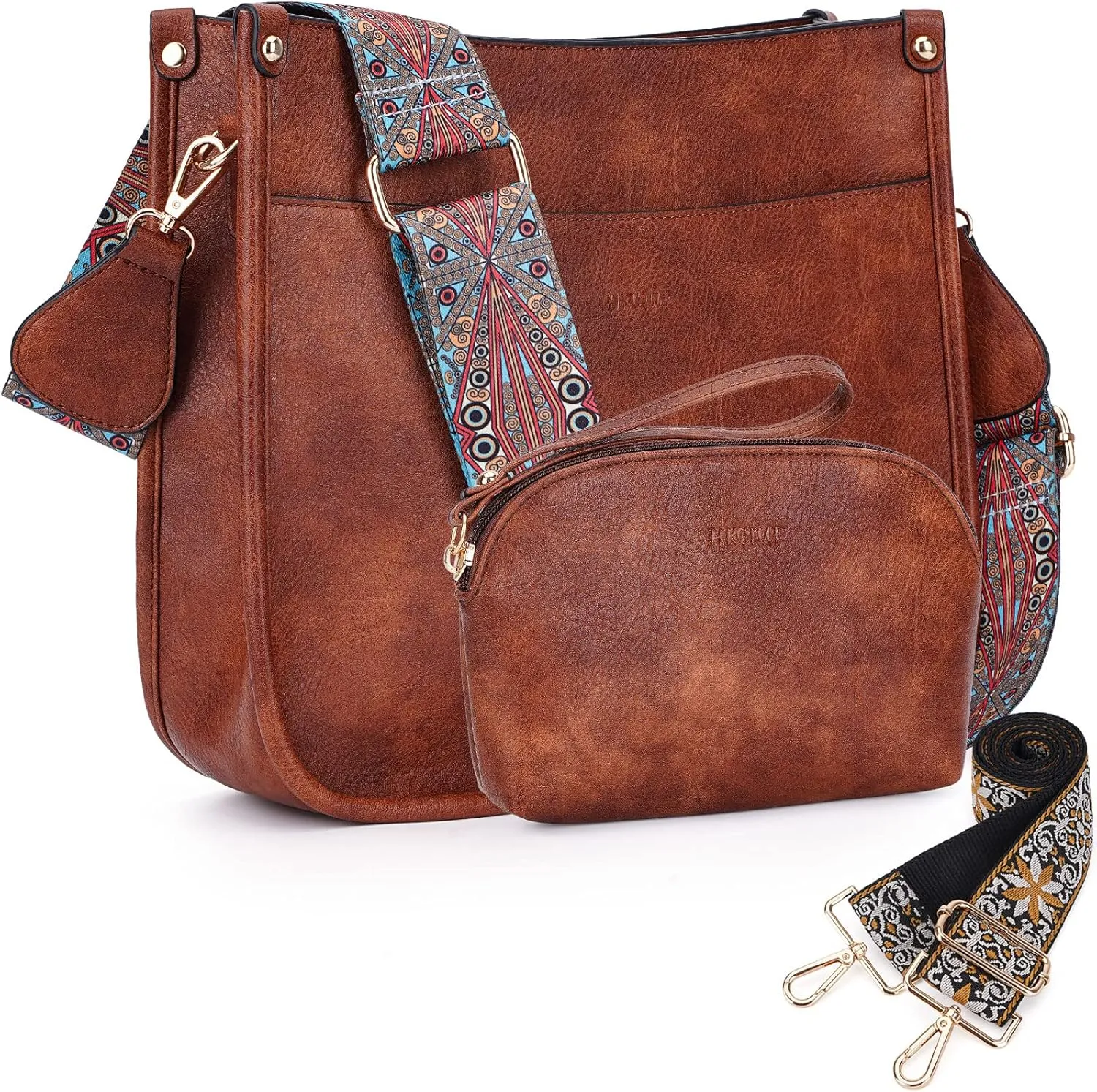 HKCLUF Crossbody Bag Purse for Women 2PCS/Set Leather Hobo Handbag Wallet Set With 2Adjustable Guitar Strap Shoulder Bag