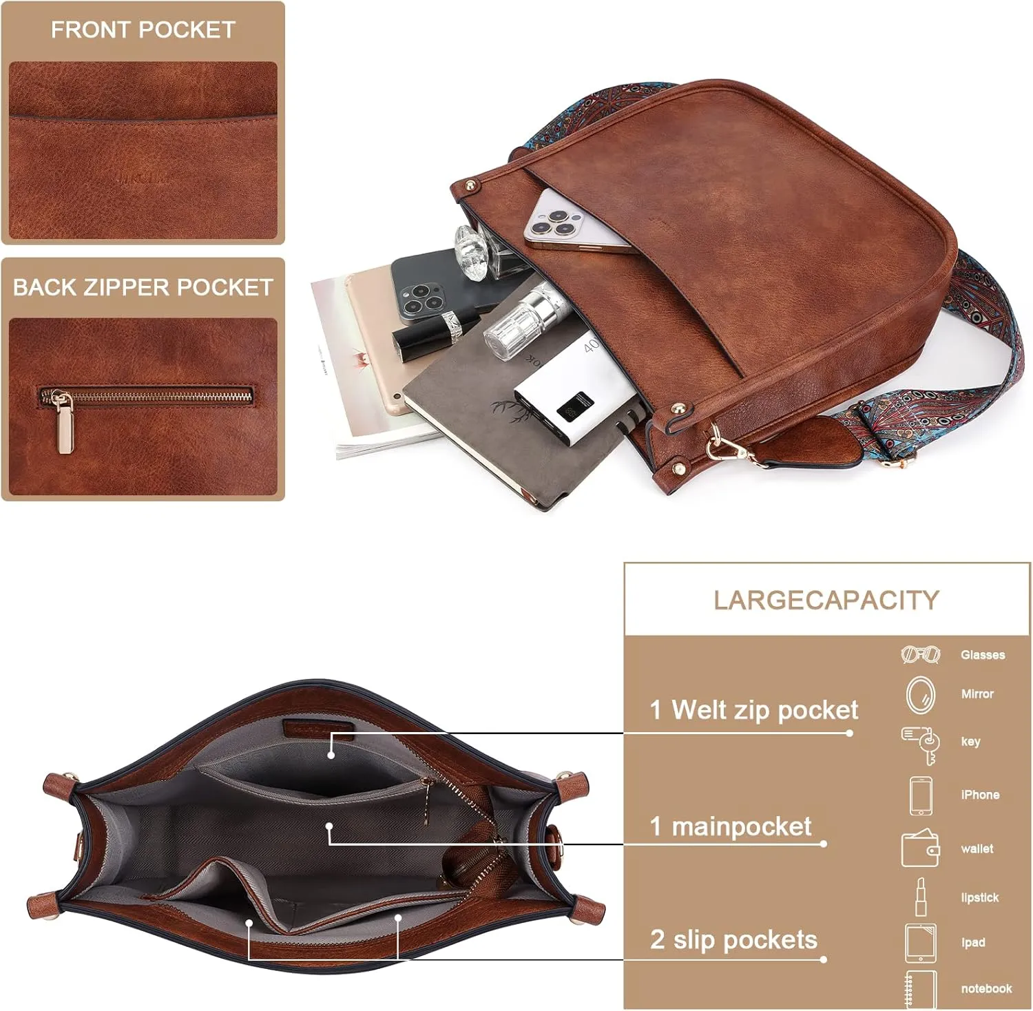 HKCLUF Crossbody Bag Purse for Women 2PCS/Set Leather Hobo Handbag Wallet Set With 2Adjustable Guitar Strap Shoulder Bag