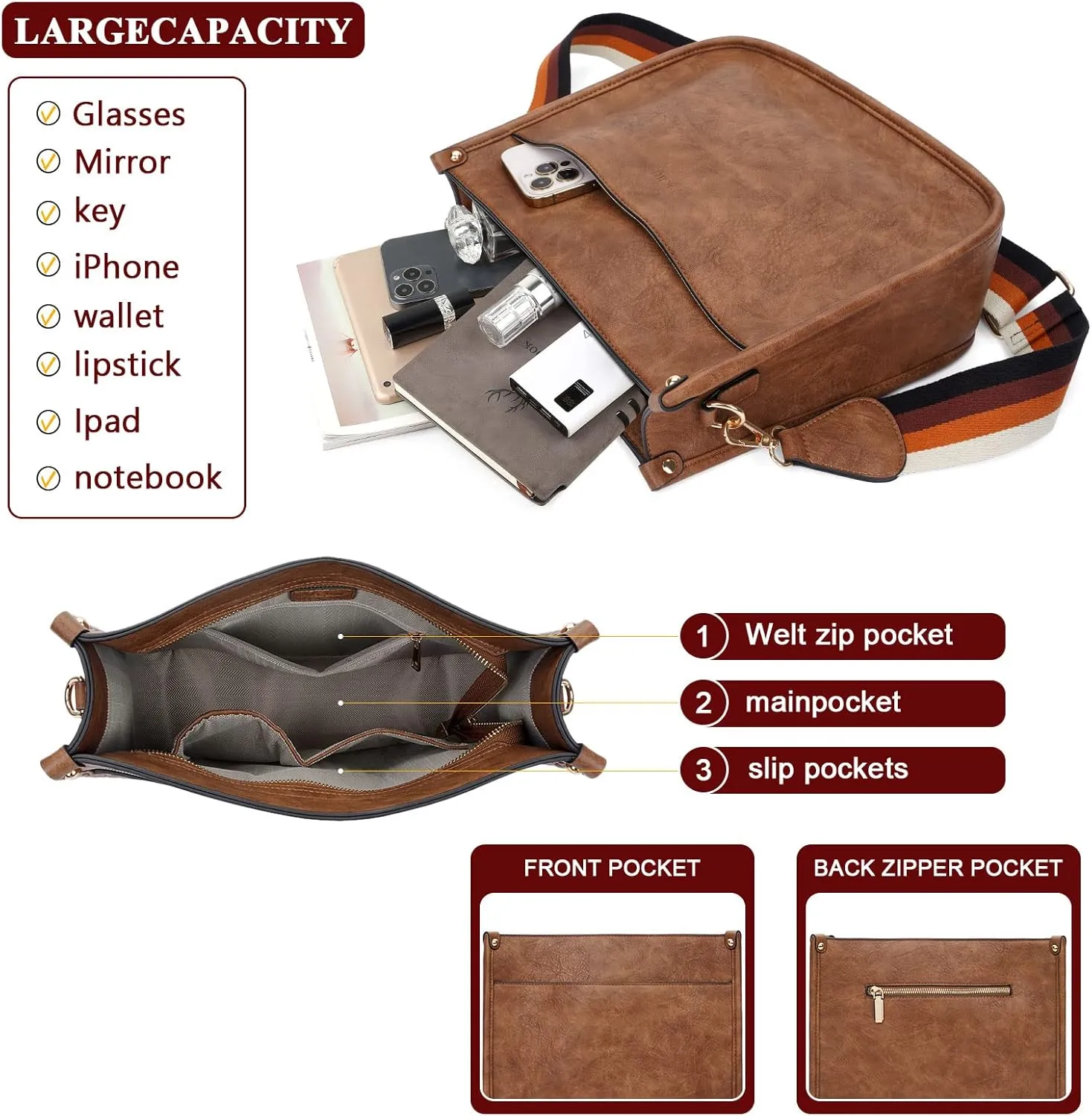 HKCLUF Crossbody Bag Purse for Women 2PCS/Set Leather Hobo Handbag Wallet Set With 2Adjustable Guitar Strap Shoulder Bag