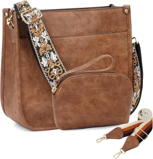HKCLUF Crossbody Bag Purse for Women 2PCS/Set Leather Hobo Handbag Wallet Set With 2Adjustable Guitar Strap Shoulder Bag