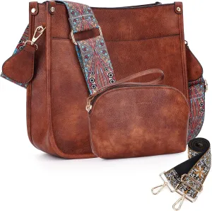 HKCLUF Crossbody Bag Purse for Women 2PCS/Set Leather Hobo Handbag Wallet Set With 2Adjustable Guitar Strap Shoulder Bag