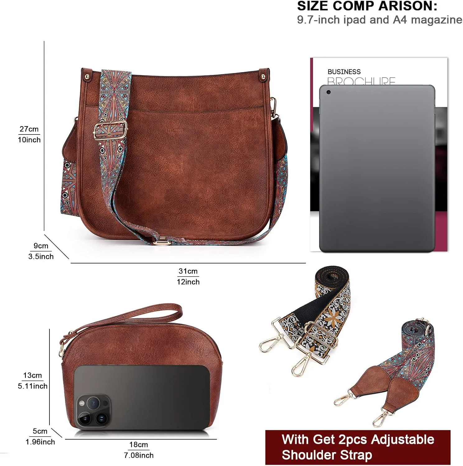 HKCLUF Crossbody Bag Purse for Women 2PCS/Set Leather Hobo Handbag Wallet Set With 2Adjustable Guitar Strap Shoulder Bag