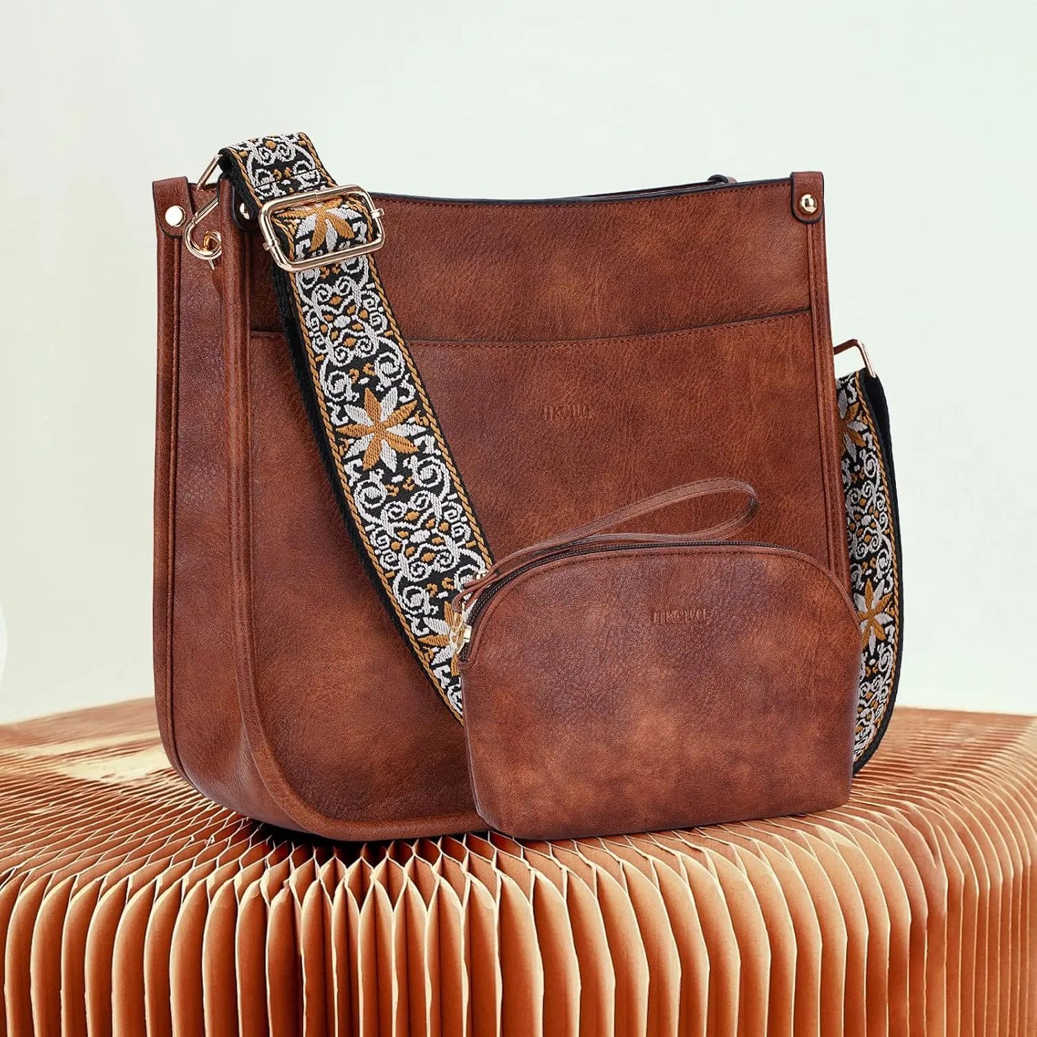 HKCLUF Crossbody Bag Purse for Women 2PCS/Set Leather Hobo Handbag Wallet Set With 2Adjustable Guitar Strap Shoulder Bag