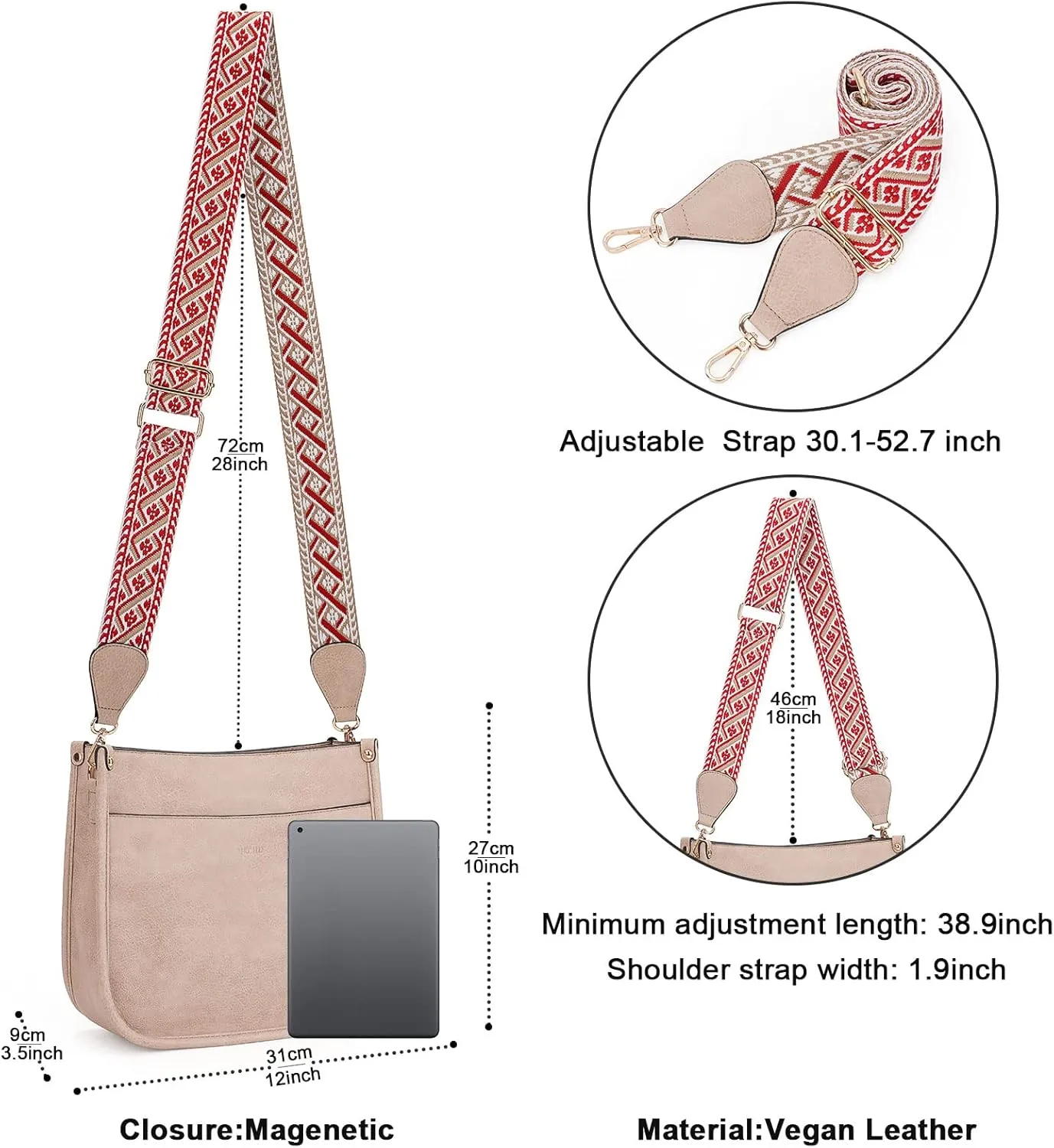 HKCLUF Vegan Leather Crossbody Bags Purse for Women Trendy Tassel Hobo Handbag Women With 2PCS Adjustable Guitar Strap