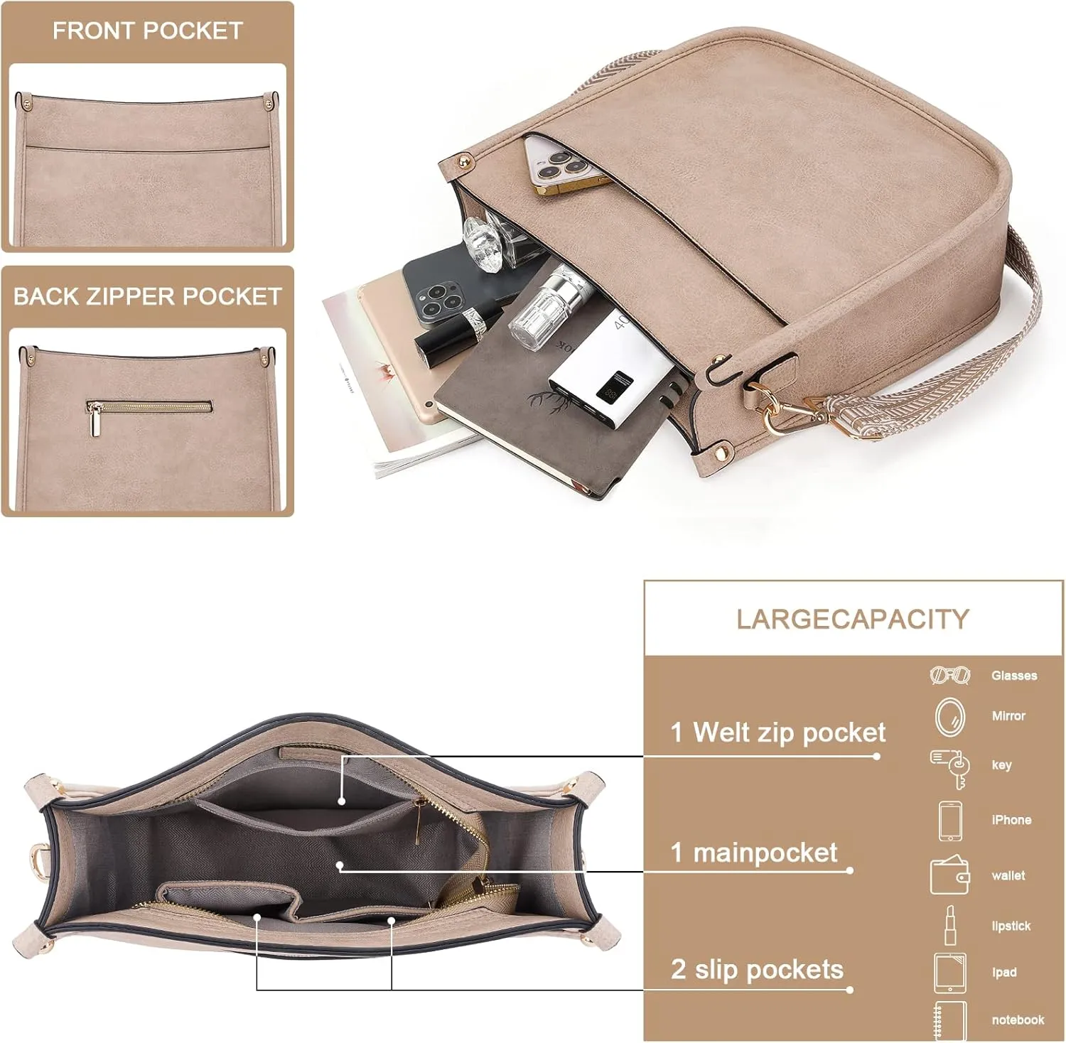HKCLUF Vegan Leather Crossbody Bags Purse for Women Trendy Tassel Hobo Handbag Women With 2PCS Adjustable Guitar Strap