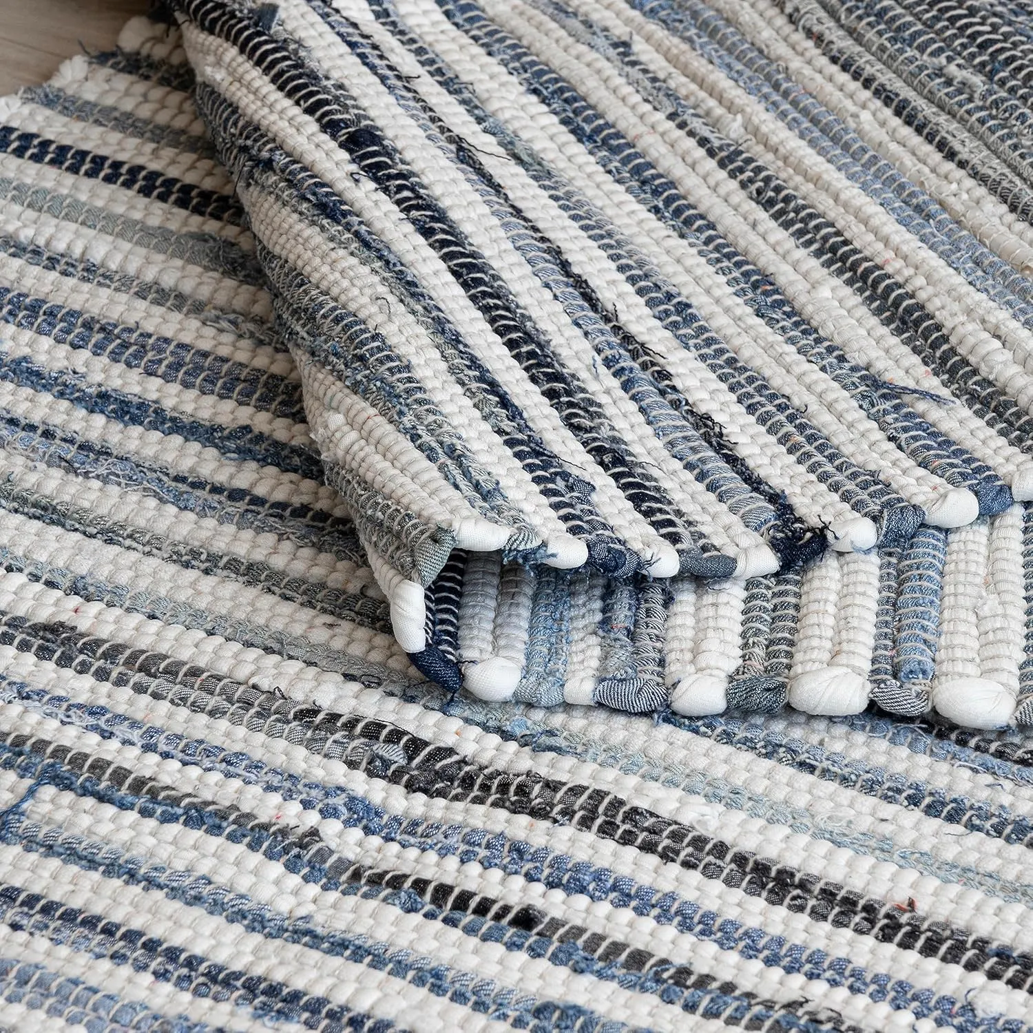 HOMEMONDE Denim Rag Runner Rug 2' x 6' Recycled Soft Cotton Chindi Rugs Hand Crafted Reversible Boho Home Decor for Kitchen, Entyrway, Bedroom, Living Room - Blue