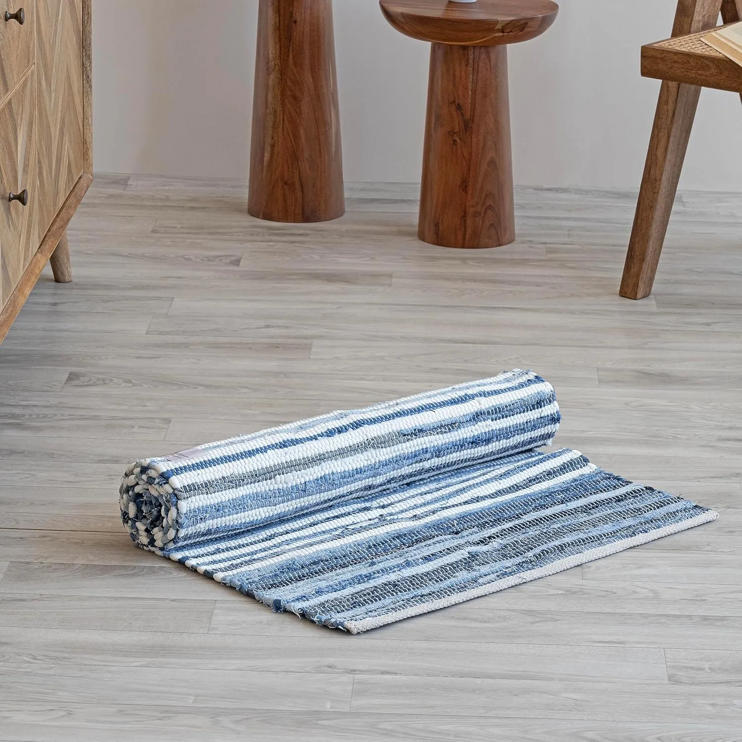HOMEMONDE Denim Rag Runner Rug 2' x 6' Recycled Soft Cotton Chindi Rugs Hand Crafted Reversible Boho Home Decor for Kitchen, Entyrway, Bedroom, Living Room - Blue