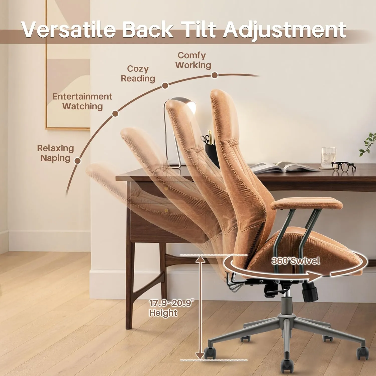 HOOOWOOO Faux Suede Leather Home Office Desk Chair,MCM Modern Ergonomic Task Work Chair,Computer Gaming Chair with Cushion Seat Lumbar Support Reclining High Back for Long Hours(Brown)