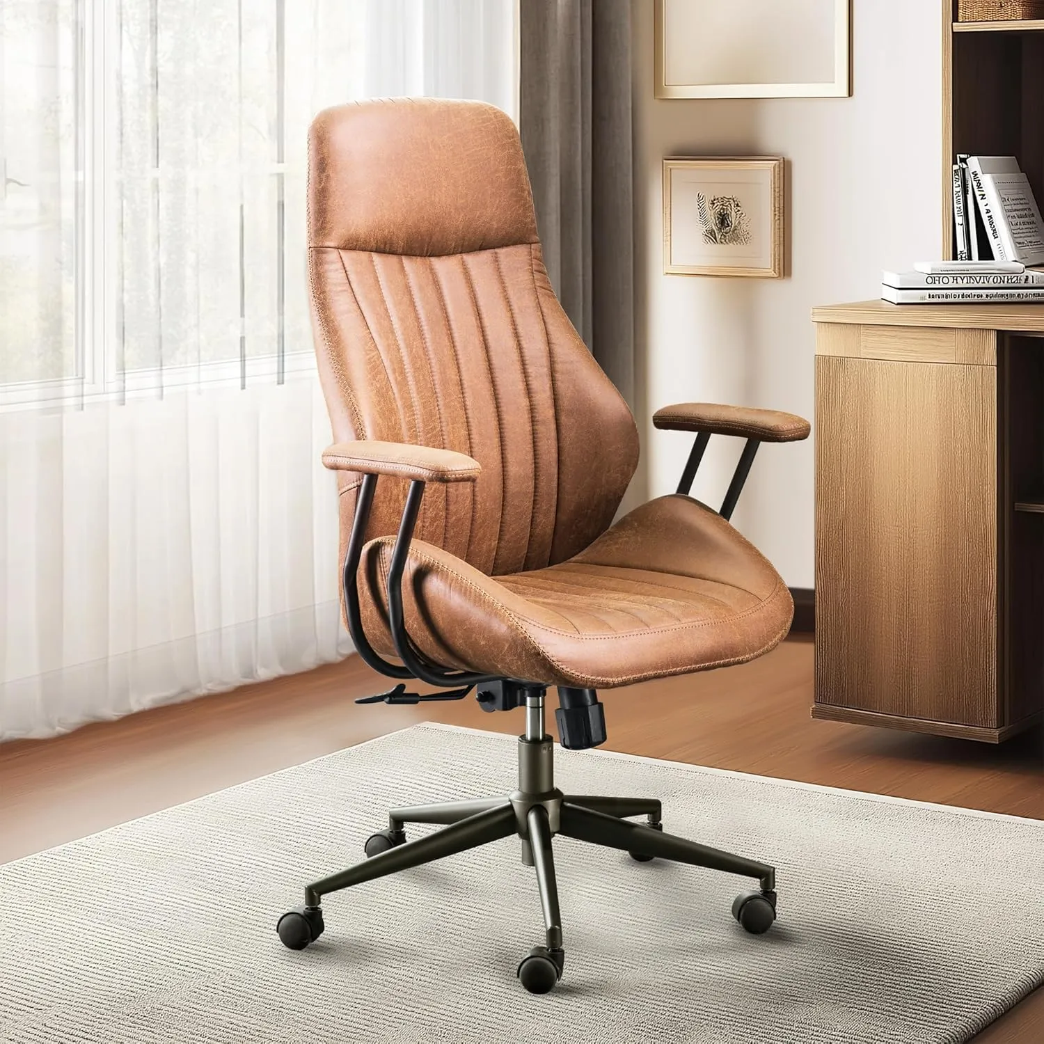 HOOOWOOO Faux Suede Leather Home Office Desk Chair,MCM Modern Ergonomic Task Work Chair,Computer Gaming Chair with Cushion Seat Lumbar Support Reclining High Back for Long Hours(Brown)
