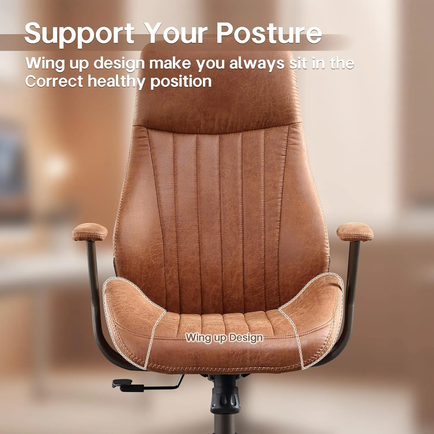 HOOOWOOO Faux Suede Leather Home Office Desk Chair,MCM Modern Ergonomic Task Work Chair,Computer Gaming Chair with Cushion Seat Lumbar Support Reclining High Back for Long Hours(Brown)