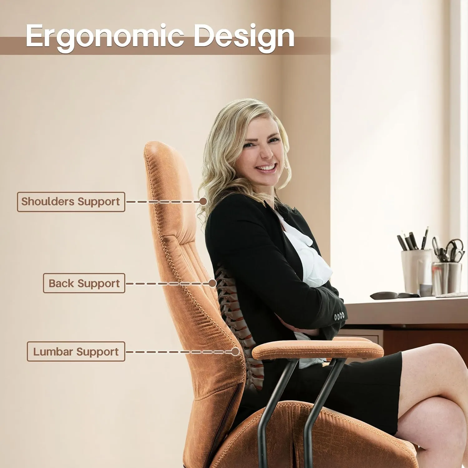 HOOOWOOO Faux Suede Leather Home Office Desk Chair,MCM Modern Ergonomic Task Work Chair,Computer Gaming Chair with Cushion Seat Lumbar Support Reclining High Back for Long Hours(Brown)