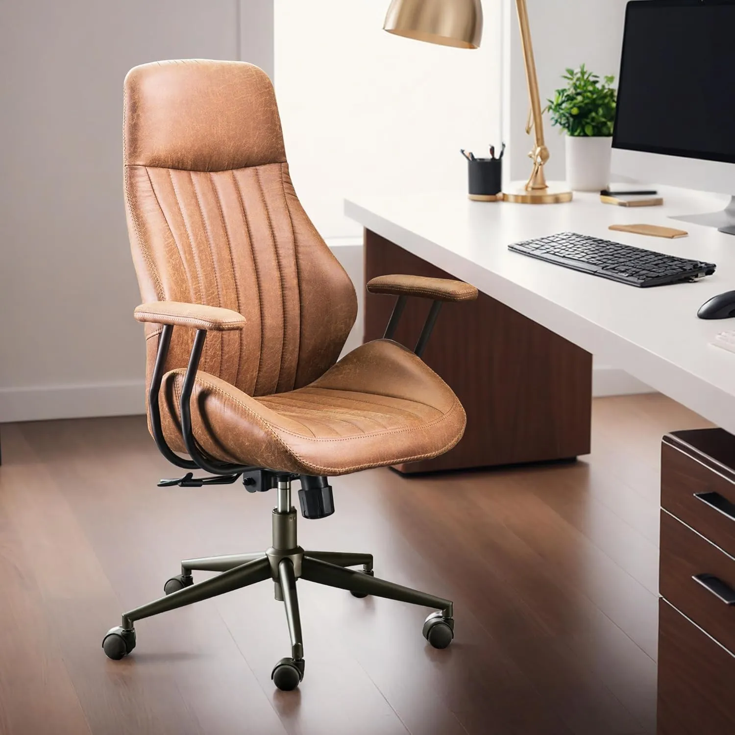 HOOOWOOO Faux Suede Leather Home Office Desk Chair,MCM Modern Ergonomic Task Work Chair,Computer Gaming Chair with Cushion Seat Lumbar Support Reclining High Back for Long Hours(Brown)