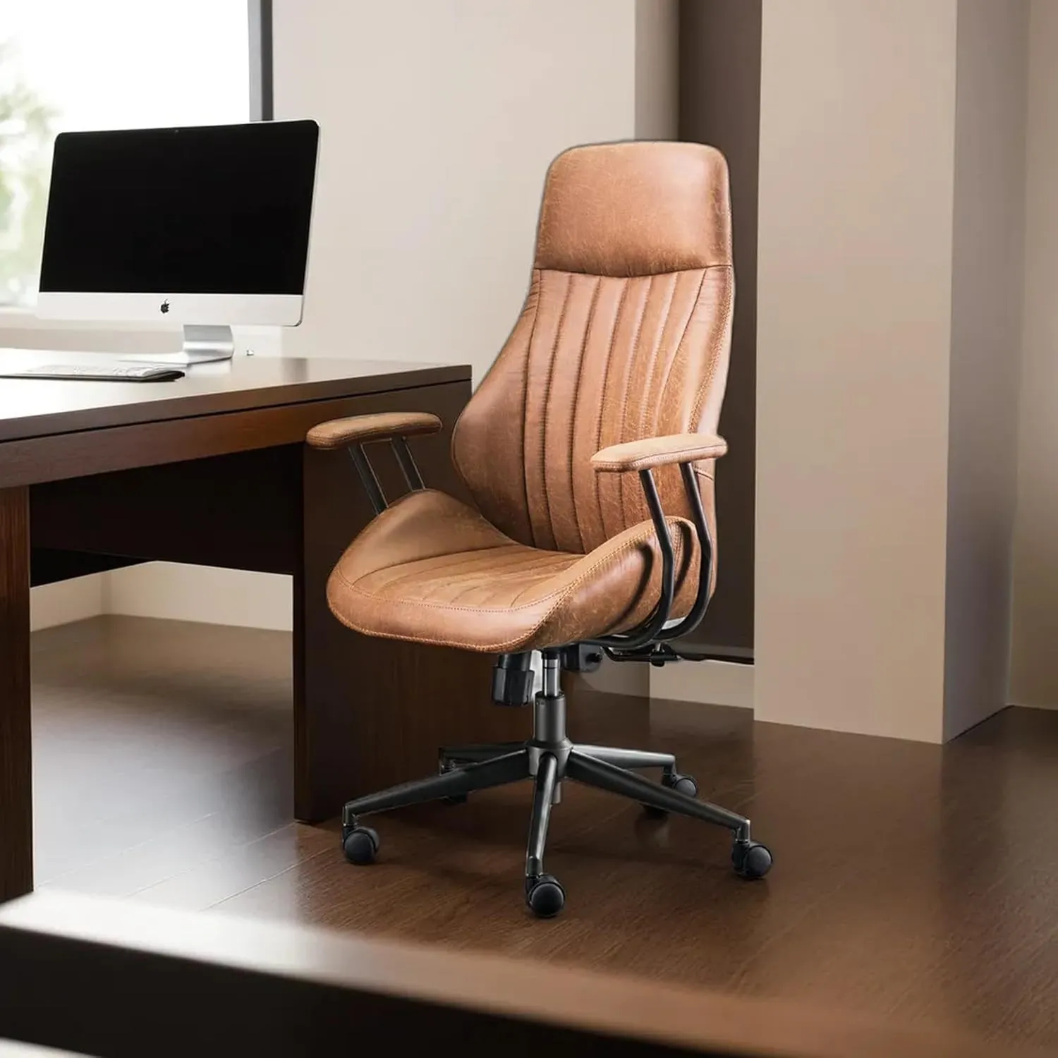 HOOOWOOO Faux Suede Leather Home Office Desk Chair,MCM Modern Ergonomic Task Work Chair,Computer Gaming Chair with Cushion Seat Lumbar Support Reclining High Back for Long Hours(Brown)