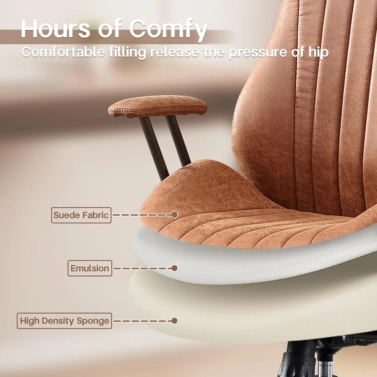 HOOOWOOO Faux Suede Leather Home Office Desk Chair,MCM Modern Ergonomic Task Work Chair,Computer Gaming Chair with Cushion Seat Lumbar Support Reclining High Back for Long Hours(Brown)