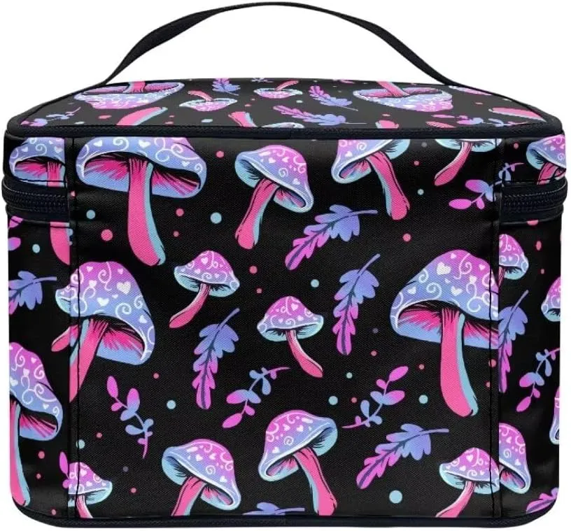 Horeset Mushroom Makeup Bag Cosmetic Pouch Portable Makeup Handbag Zipper Coin Purse Toiletry Bag with 5 Brush Slots