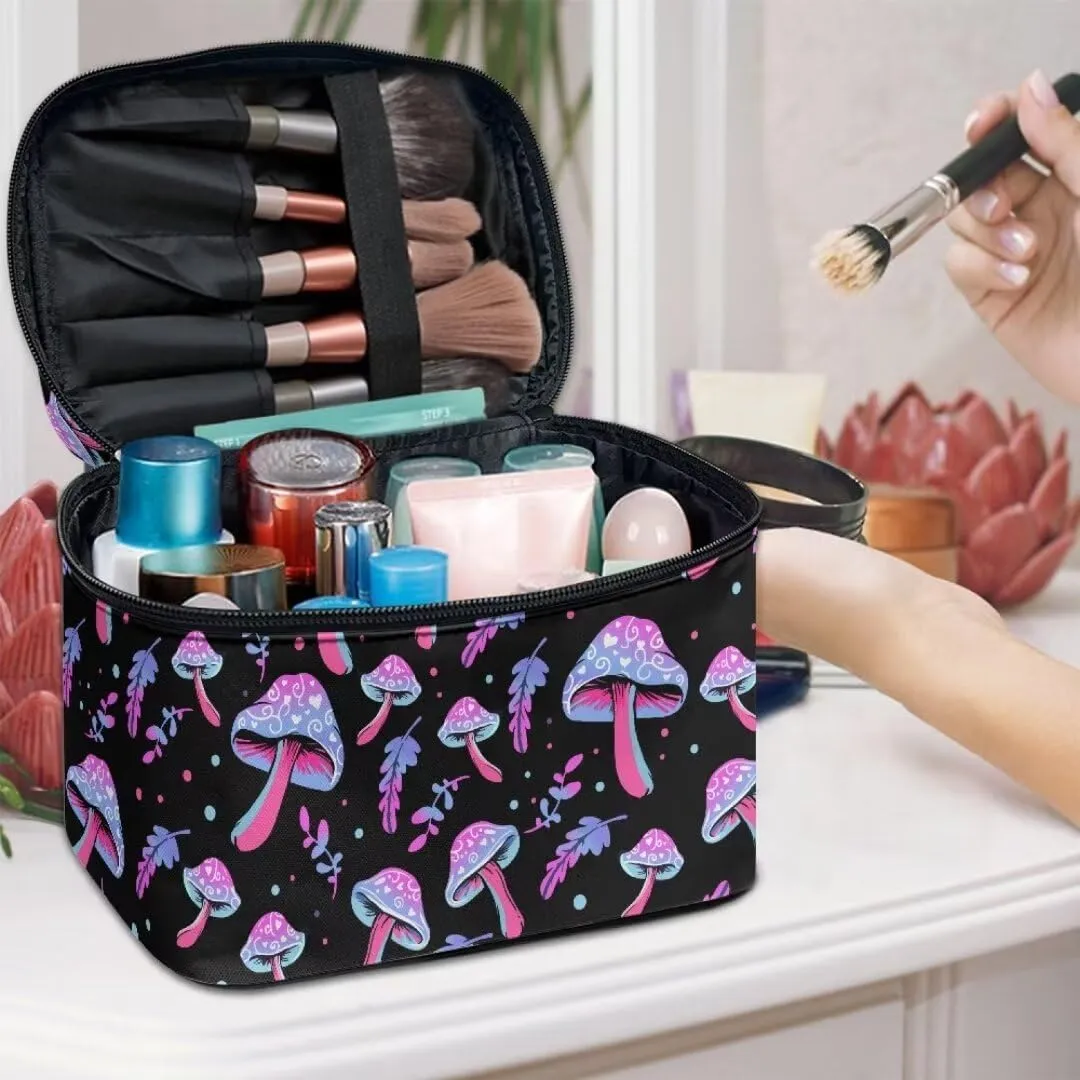 Horeset Mushroom Makeup Bag Cosmetic Pouch Portable Makeup Handbag Zipper Coin Purse Toiletry Bag with 5 Brush Slots