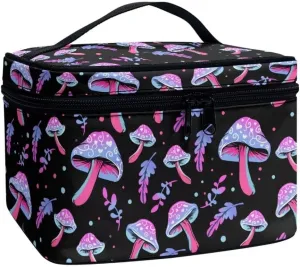 Horeset Mushroom Makeup Bag Cosmetic Pouch Portable Makeup Handbag Zipper Coin Purse Toiletry Bag with 5 Brush Slots