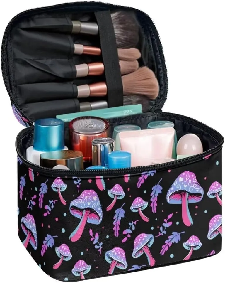 Horeset Mushroom Makeup Bag Cosmetic Pouch Portable Makeup Handbag Zipper Coin Purse Toiletry Bag with 5 Brush Slots