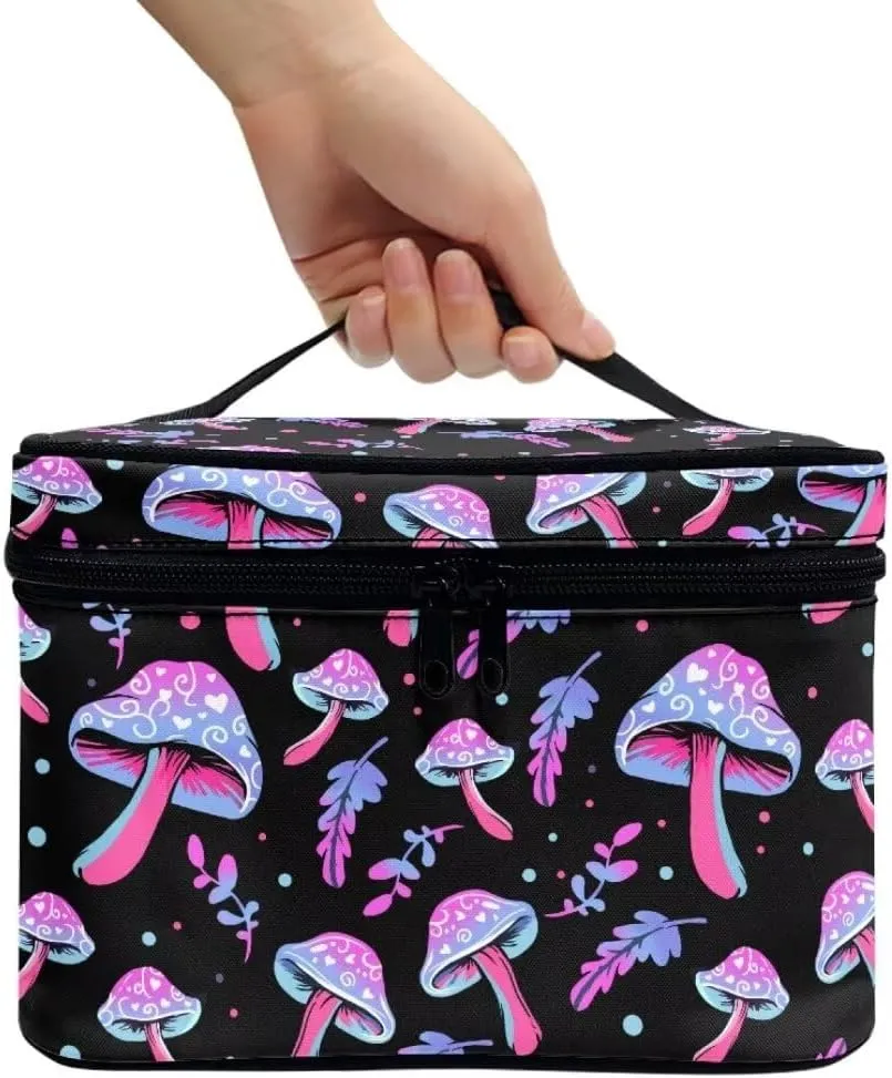 Horeset Mushroom Makeup Bag Cosmetic Pouch Portable Makeup Handbag Zipper Coin Purse Toiletry Bag with 5 Brush Slots