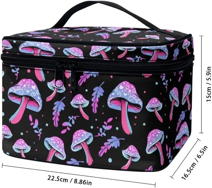 Horeset Mushroom Makeup Bag Cosmetic Pouch Portable Makeup Handbag Zipper Coin Purse Toiletry Bag with 5 Brush Slots