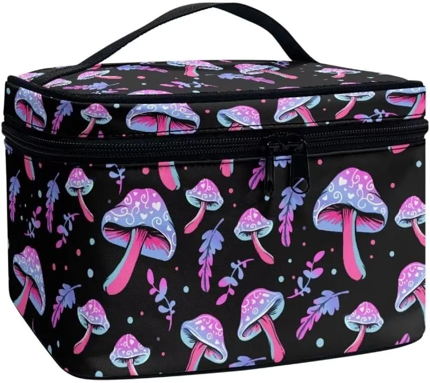 Horeset Mushroom Makeup Bag Cosmetic Pouch Portable Makeup Handbag Zipper Coin Purse Toiletry Bag with 5 Brush Slots