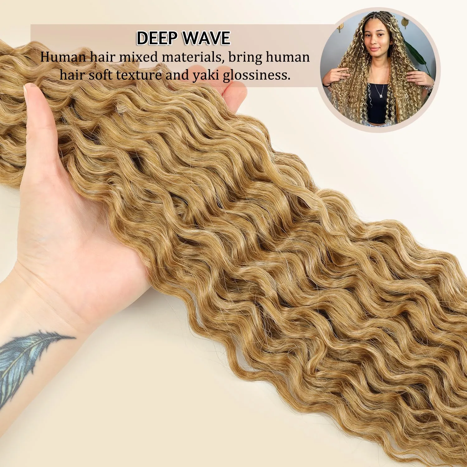 HUA 20 Inch Human Braiding Hair Deep Wave Bulk Hair for Braiding Curly Extensions for Boho Braids Wet and Wavy Honey Blonde #27 Color Long Curly Boho Braids Mix Synthetic 100g for Daily Use/Birthday