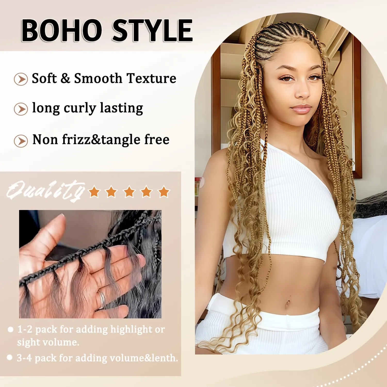 HUA 20 Inch Human Braiding Hair Deep Wave Bulk Hair for Braiding Curly Extensions for Boho Braids Wet and Wavy Honey Blonde #27 Color Long Curly Boho Braids Mix Synthetic 100g for Daily Use/Birthday