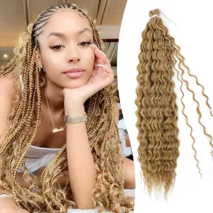 HUA 20 Inch Human Braiding Hair Deep Wave Bulk Hair for Braiding Curly Extensions for Boho Braids Wet and Wavy Honey Blonde #27 Color Long Curly Boho Braids Mix Synthetic 100g for Daily Use/Birthday