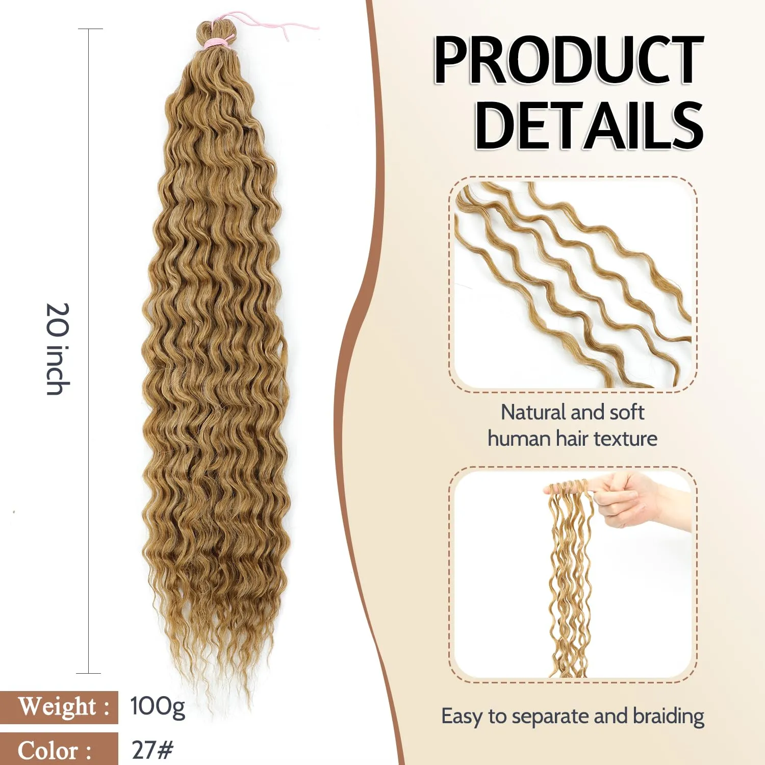 HUA 20 Inch Human Braiding Hair Deep Wave Bulk Hair for Braiding Curly Extensions for Boho Braids Wet and Wavy Honey Blonde #27 Color Long Curly Boho Braids Mix Synthetic 100g for Daily Use/Birthday