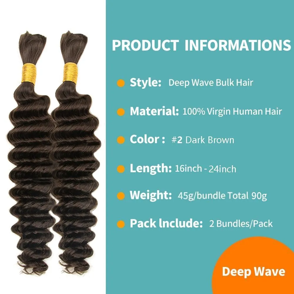 Human Braiding Hair 20 inch Deep Wave Bulk Human Hair for Braiding No Weft 90g (2Bundles-1Pack) 12A Brazilian Virgin Curly Human Hair For Boho Braids Wet and Wavy