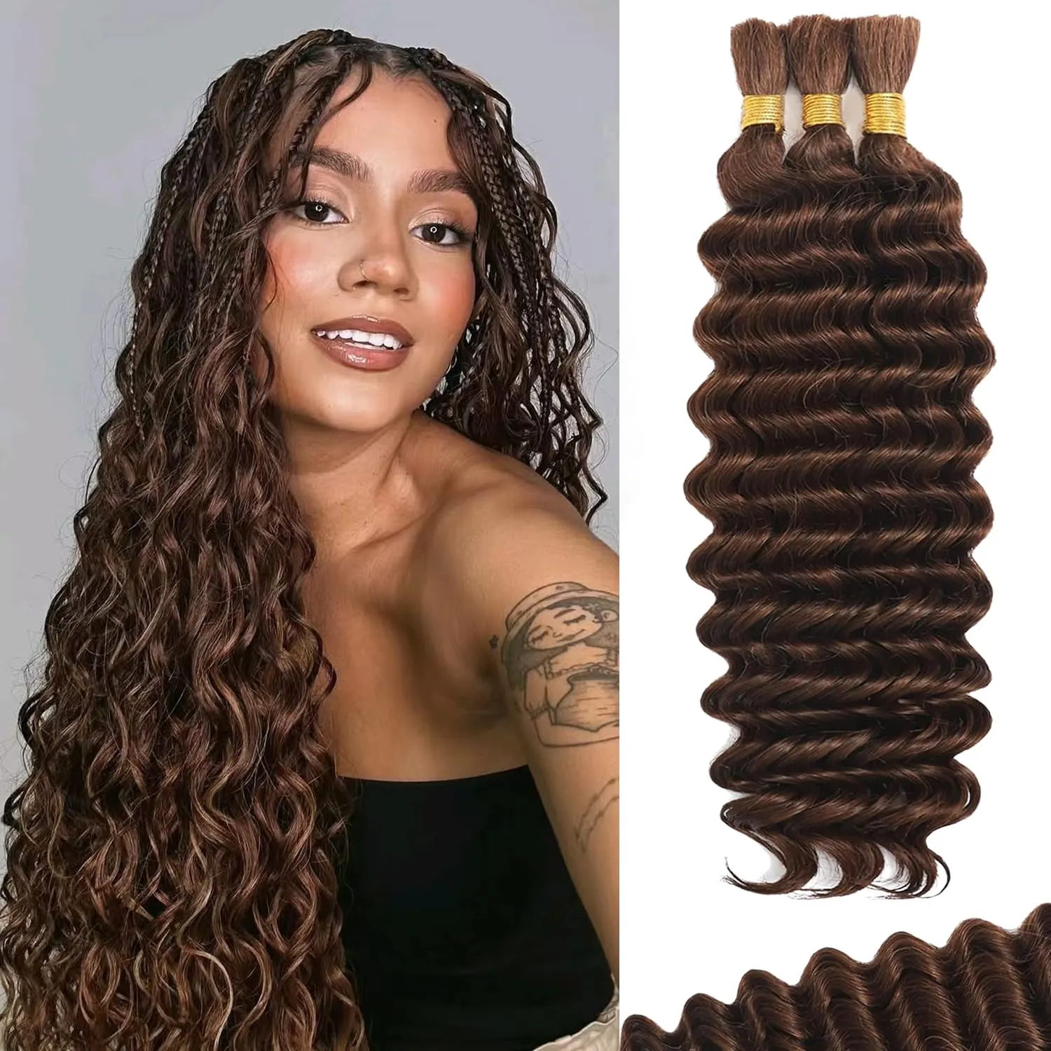 Human Braiding Hair For Boho Braids Deep Water Wave Human Bulk Hair for Braiding 12A Brazilian Virgin Human Hair Extensions for Boho Braids 3 Bundles/Pack 110g Chocolate Brown 16inch