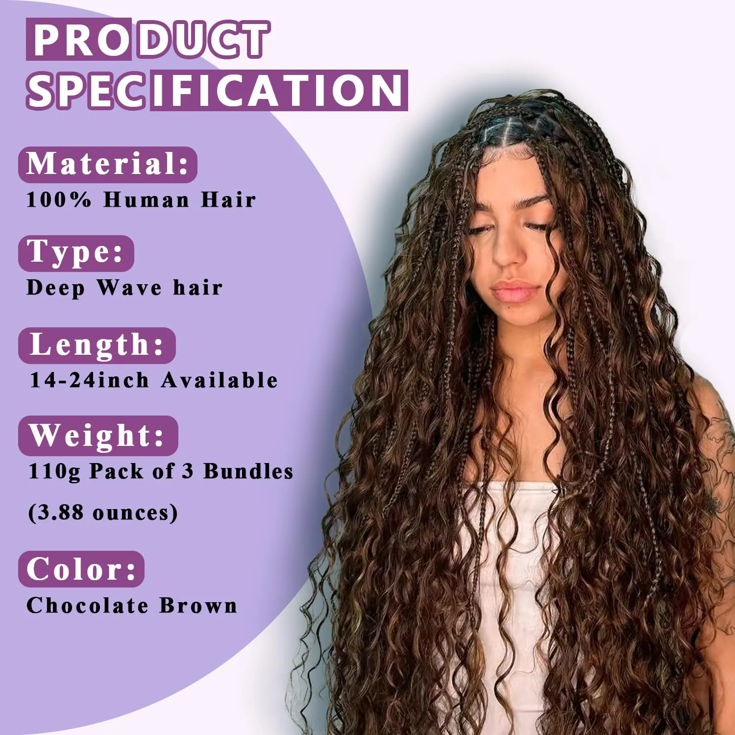 Human Braiding Hair For Boho Braids Deep Water Wave Human Bulk Hair for Braiding 12A Brazilian Virgin Human Hair Extensions for Boho Braids 3 Bundles/Pack 110g Chocolate Brown 16inch