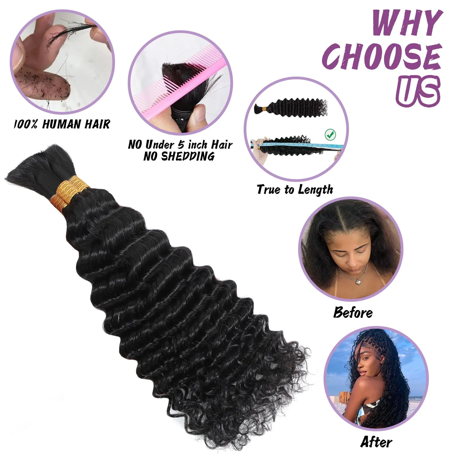 Human Braiding Hair For Boho Braids Deep Water Wave Human Bulk Hair for Braiding 12A Brazilian Virgin Human Hair Extensions for Boho Braids 3 Bundles/Pack 110g Honey Blonde 16inch