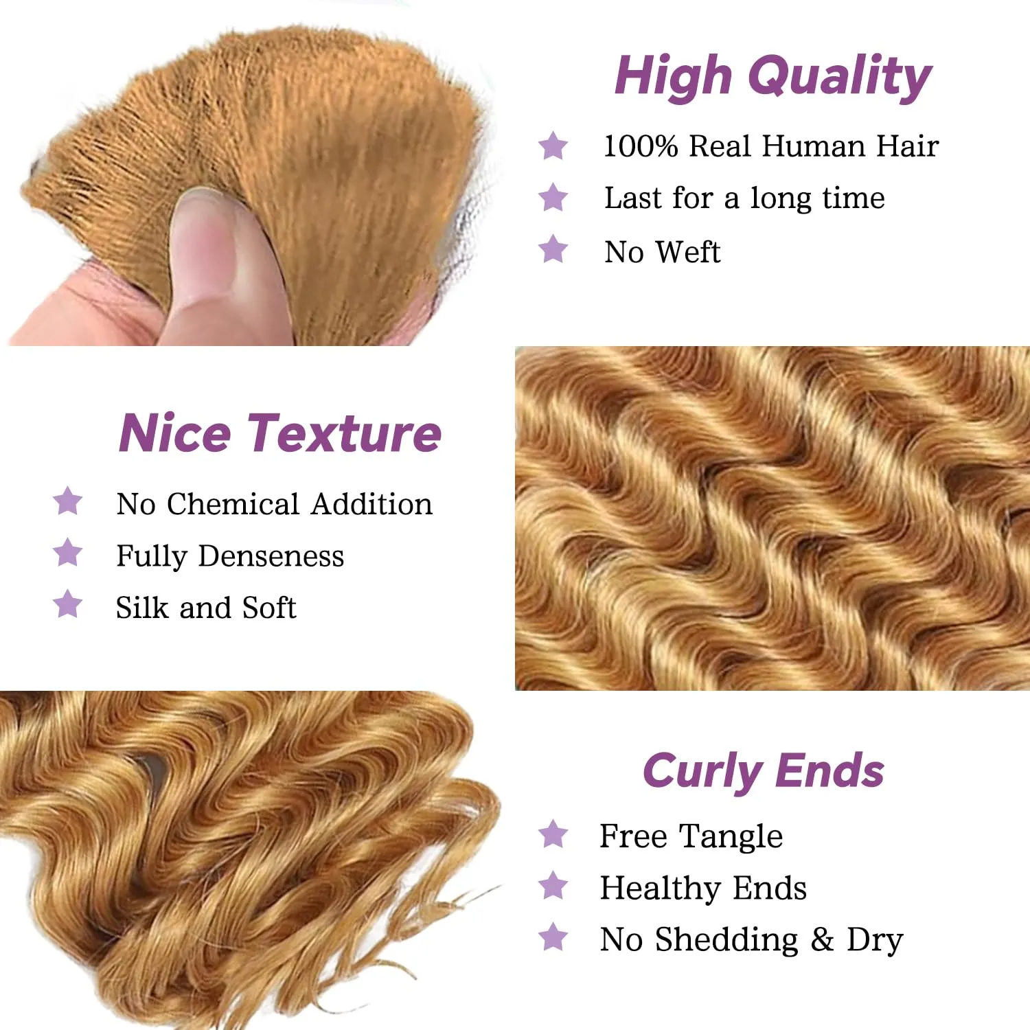 Human Braiding Hair For Boho Braids Deep Water Wave Human Bulk Hair for Braiding 12A Brazilian Virgin Human Hair Extensions for Boho Braids 3 Bundles/Pack 110g Honey Blonde 16inch
