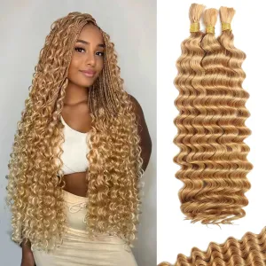 Human Braiding Hair For Boho Braids Deep Water Wave Human Bulk Hair for Braiding 12A Brazilian Virgin Human Hair Extensions for Boho Braids 3 Bundles/Pack 110g Honey Blonde 16inch
