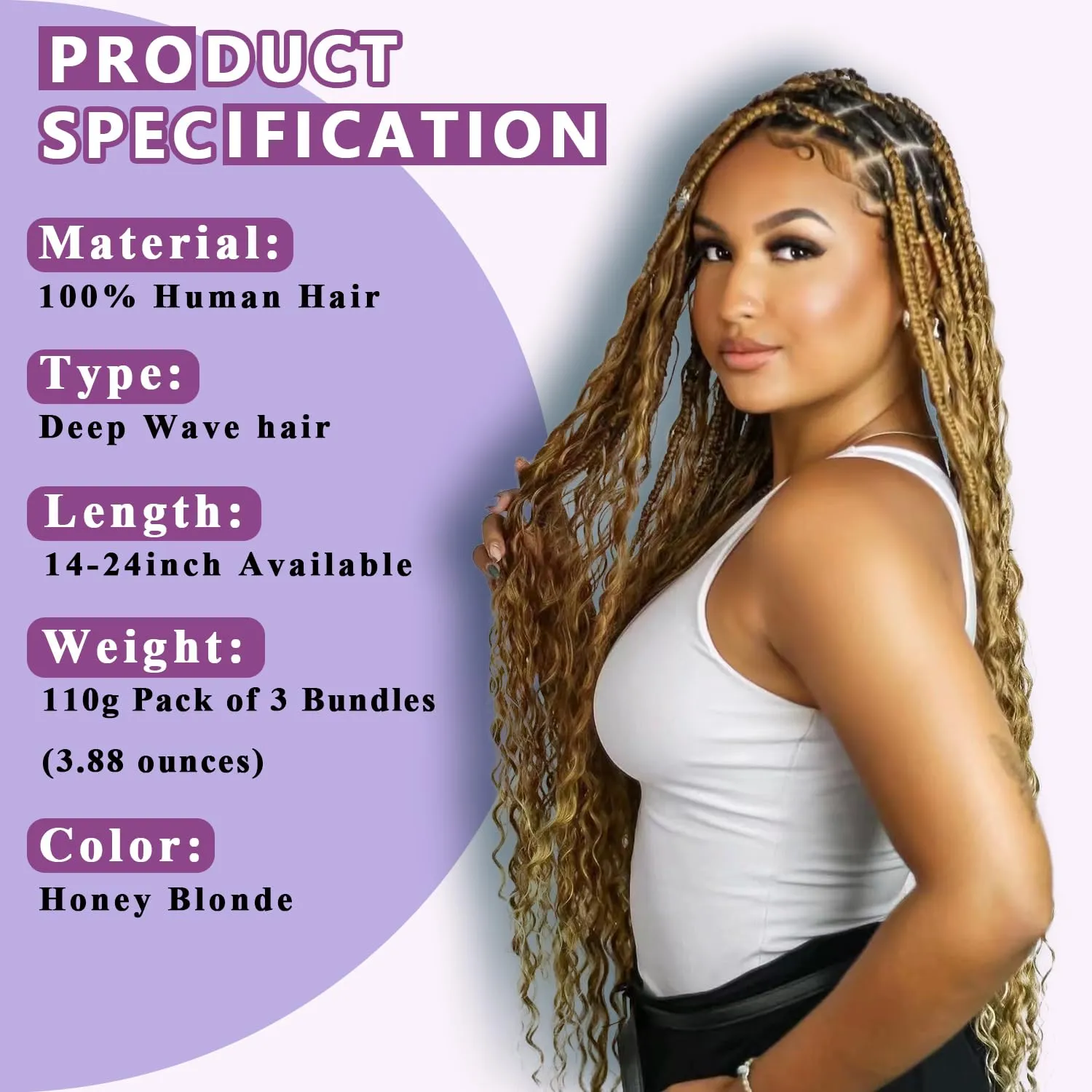 Human Braiding Hair For Boho Braids Deep Water Wave Human Bulk Hair for Braiding 12A Brazilian Virgin Human Hair Extensions for Boho Braids 3 Bundles/Pack 110g Honey Blonde 16inch