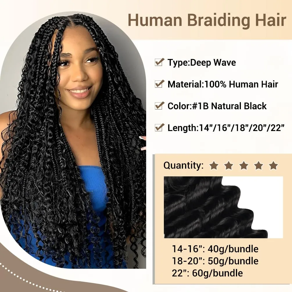 Human Braiding Hair for Boho Knotless Braids 3 Bundles 16 Inches 120g Deep Wave 10A Brazilian Virgin Human Bohemian Hair for Braiding Natural Black 1B