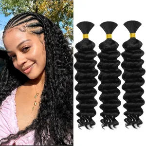 Human Braiding Hair for Boho Knotless Braids 3 Bundles 16 Inches 120g Deep Wave 10A Brazilian Virgin Human Bohemian Hair for Braiding Natural Black 1B