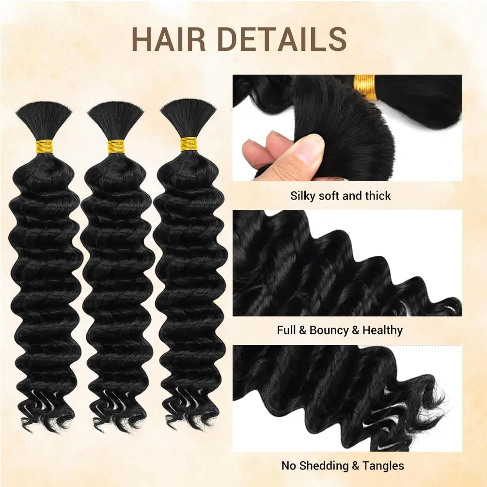 Human Braiding Hair for Boho Knotless Braids 3 Bundles 16 Inches 120g Deep Wave 10A Brazilian Virgin Human Bohemian Hair for Braiding Natural Black 1B