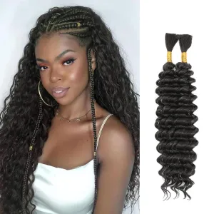 Human Braiding Hair Mix Synthetic Boho Hair for Braiding, 16 Inch Deep Wave Bulk for Boho Braids 2 Pcs Curly Bohemian Wet and Wavy Braiding Hair (4#, 16 Inch)