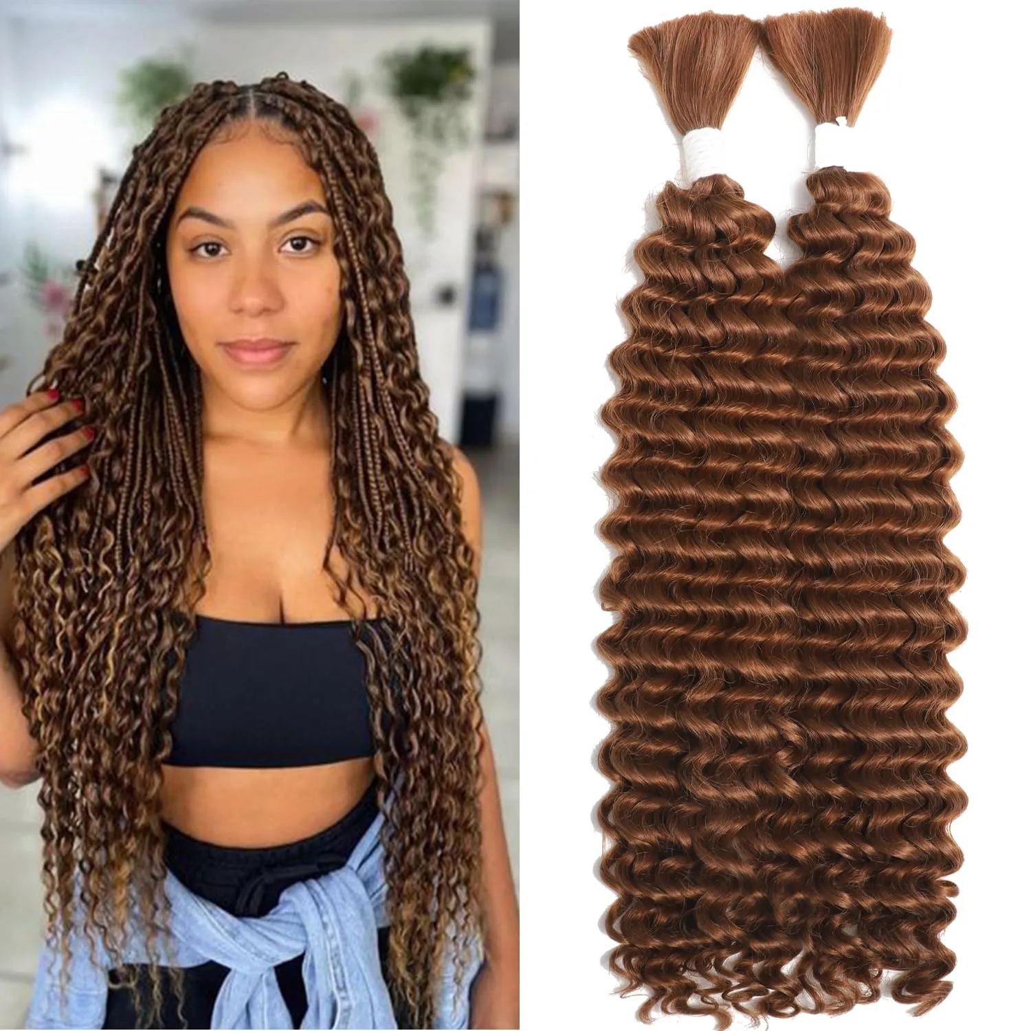 Human Braiding Hair Mixed Synthetic Braiding Hair for Boho Braids 2 Bundles 160g Color 30 Brown Deep Wave Bulk Human Hair for Braiding No Weft Hair Extensions Braiding Hair 24inch（30#）