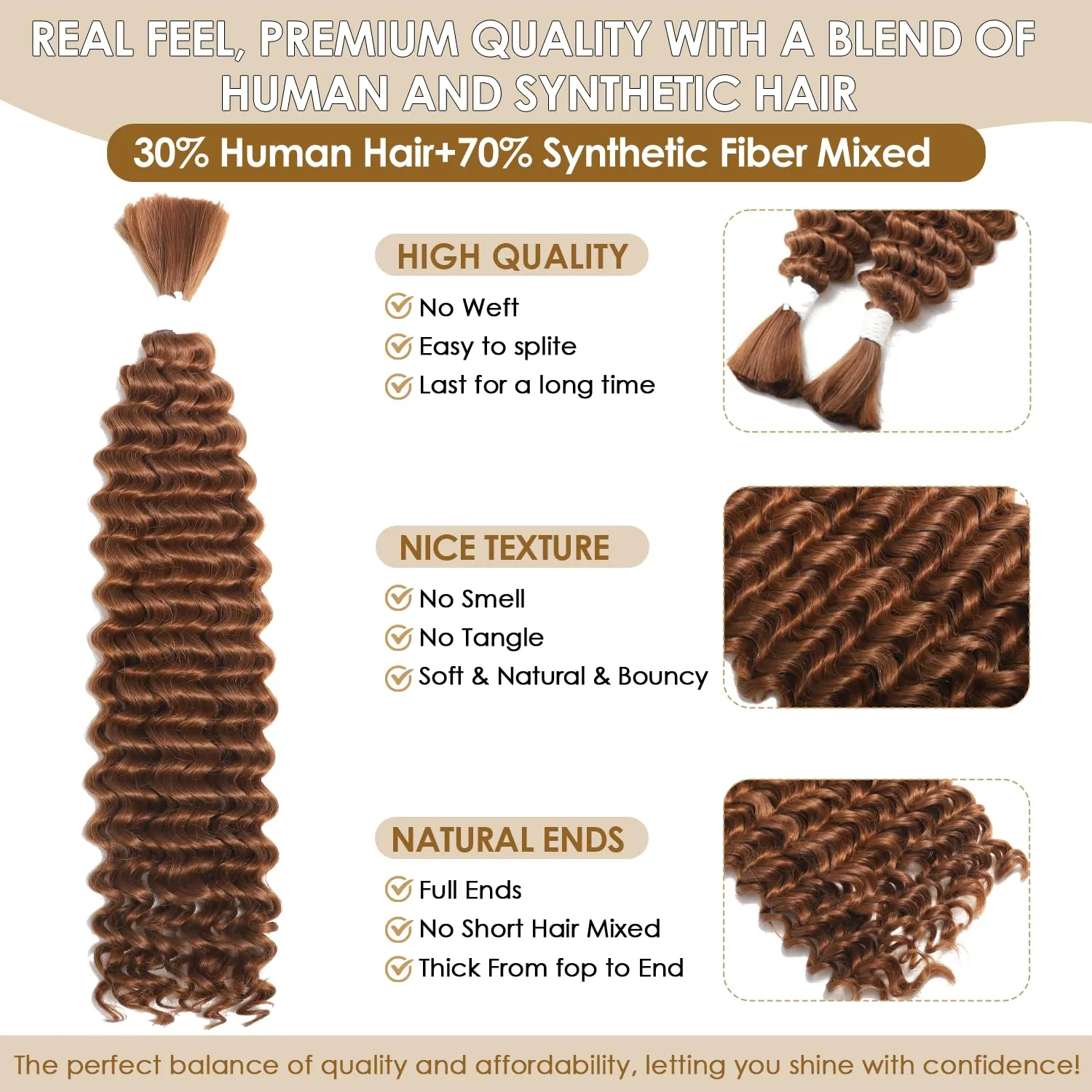 Human Braiding Hair Mixed Synthetic Braiding Hair for Boho Braids 2 Bundles 160g Color 30 Brown Deep Wave Bulk Human Hair for Braiding No Weft Hair Extensions Braiding Hair 24inch（30#）