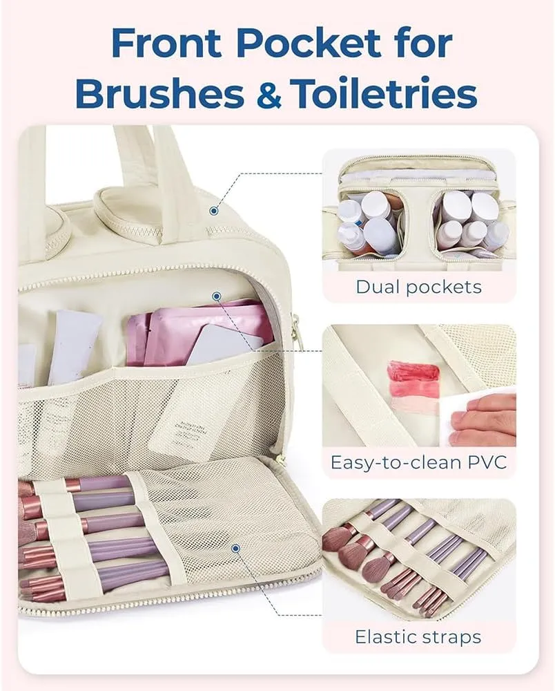 Humidity Travel Cosmetic Bag, Large Capacity Wide-Open Travel Cosmetic Bag, multi-functional toiletry bag,For Womentraveling, Essentials Toiletries. (Beige)