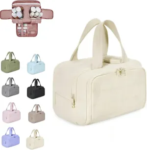 Humidity Travel Cosmetic Bag, Large Capacity Wide-Open Travel Cosmetic Bag, multi-functional toiletry bag,For Womentraveling, Essentials Toiletries. (Beige)