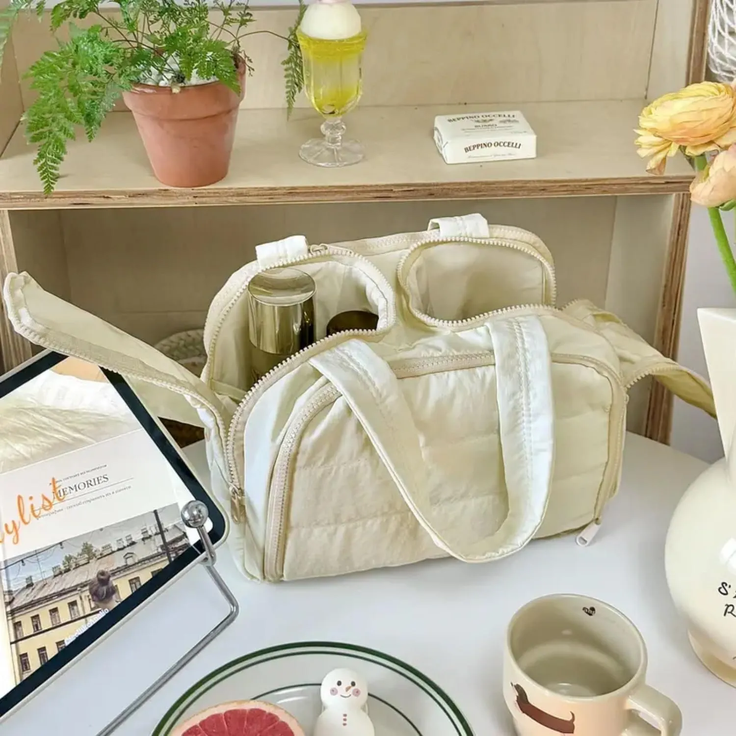 Humidity Travel Cosmetic Bag, Large Capacity Wide-Open Travel Cosmetic Bag, multi-functional toiletry bag,For Womentraveling, Essentials Toiletries. (Beige)