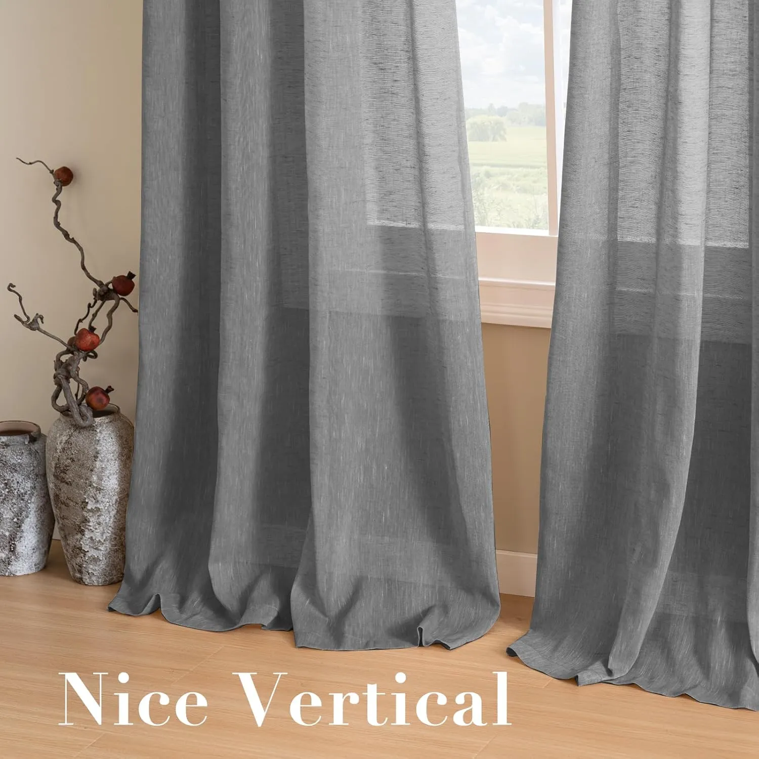 H.VERSAILTEX Linen Curtains Flax Linen Blended Curtain Panels for Living Room/Bedroom Semi Sheer Privacy Curtains 84 inch Length 2 Panels Set Nickel Grommet Window Drapes(Set of 2, Charcoal Grey)