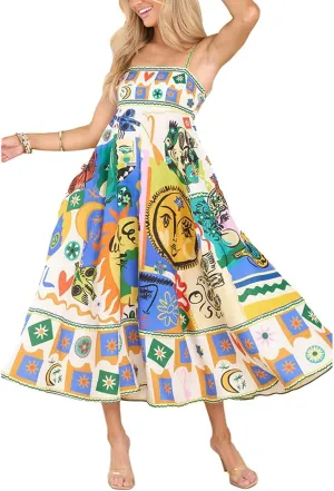 HXHYQKP Long Sundresses for Women 2025 Spaghetti Strap Graffiti Dresses Graphic A Line Swing Long Cami Dress