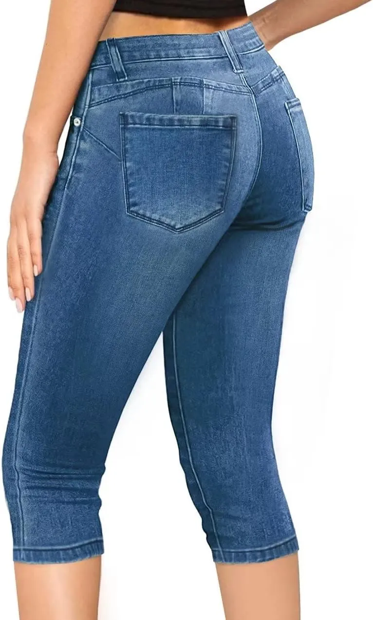 Hybrid & Company Women's Slim Fit Super Stretch Denim Capri Shorts