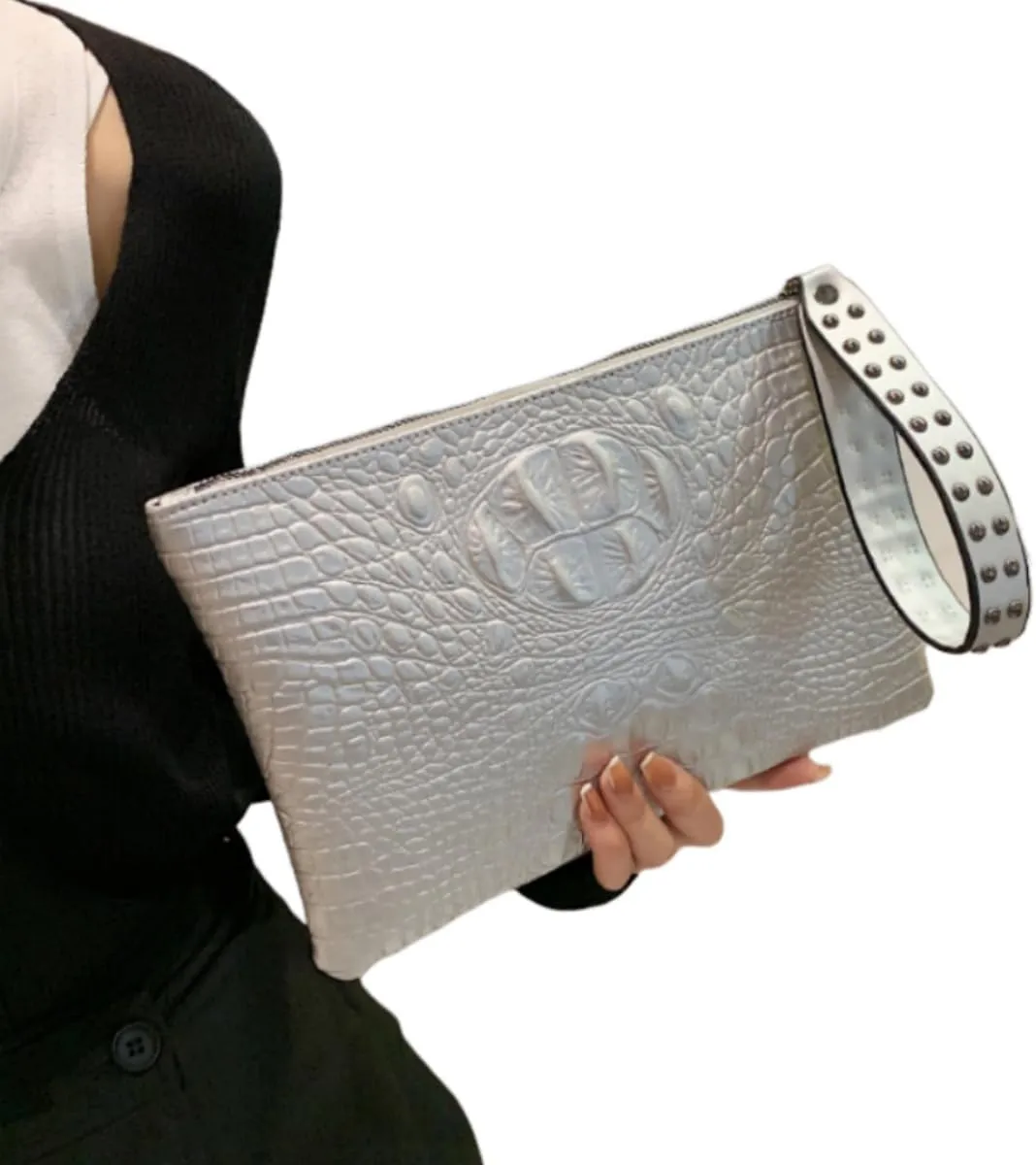 IAMUHI Women Faux Leather Crocodile Envelope Clutch Bag Wristlet Zipper Evening Handbag Wallet Purse